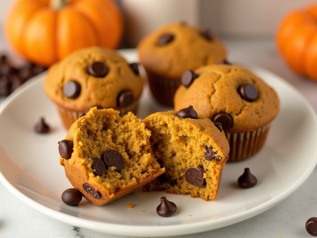 Plate of pumpkin chocolate chip muffins