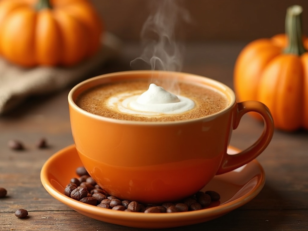 A steaming cup of pumpkin-flavored coffee sits on a wooden table surrounded by autumn leaves, cinnamon sticks, and a small decorative pumpkin, evoking a cozy fall atmosphere.