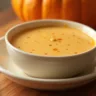 A cup of coffee on a wooden table with a swirl of pumpkin creamer forming a creamy pattern on top, surrounded by small pumpkins, cinnamon sticks, and autumn leaves for a cozy fall setting.