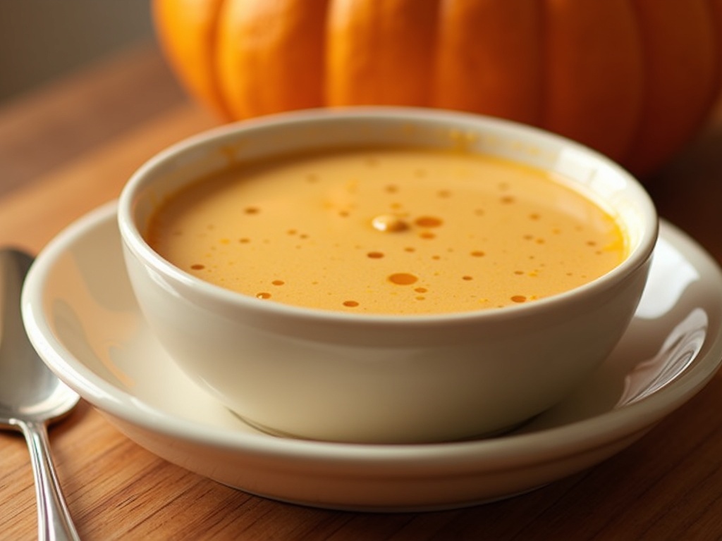 A cup of coffee on a wooden table with a swirl of pumpkin creamer forming a creamy pattern on top, surrounded by small pumpkins, cinnamon sticks, and autumn leaves for a cozy fall setting.