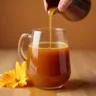 Glass bottle of pumpkin syrup on a wooden table surrounded by autumn leaves, a small pumpkin, and a cup of coffee with frothy milk.