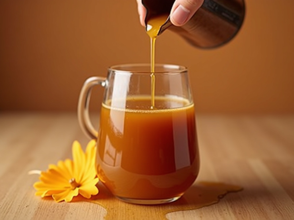 Glass bottle of pumpkin syrup on a wooden table surrounded by autumn leaves, a small pumpkin, and a cup of coffee with frothy milk.