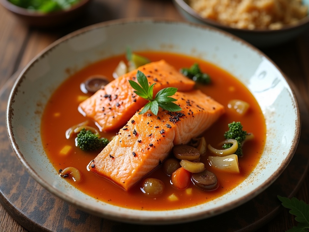 A bowl of salmon sinigang, a Filipino sour soup, filled with chunks of pink salmon, radish slices, eggplant, green beans, and leafy greens in a light brown tamarind-based broth, served hot with steam rising and a side of white rice.