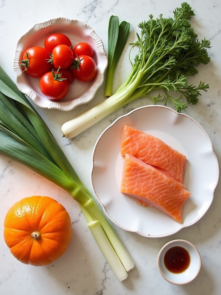 Top-down view of fresh ingredients for salmon sinigang arranged neatly on a wooden surface, including salmon fillets, tomatoes, green chili peppers, tamarind pods, water spinach (kangkong), eggplant slices, okra, white radish (labanos), onion, and string beans (sitaw)