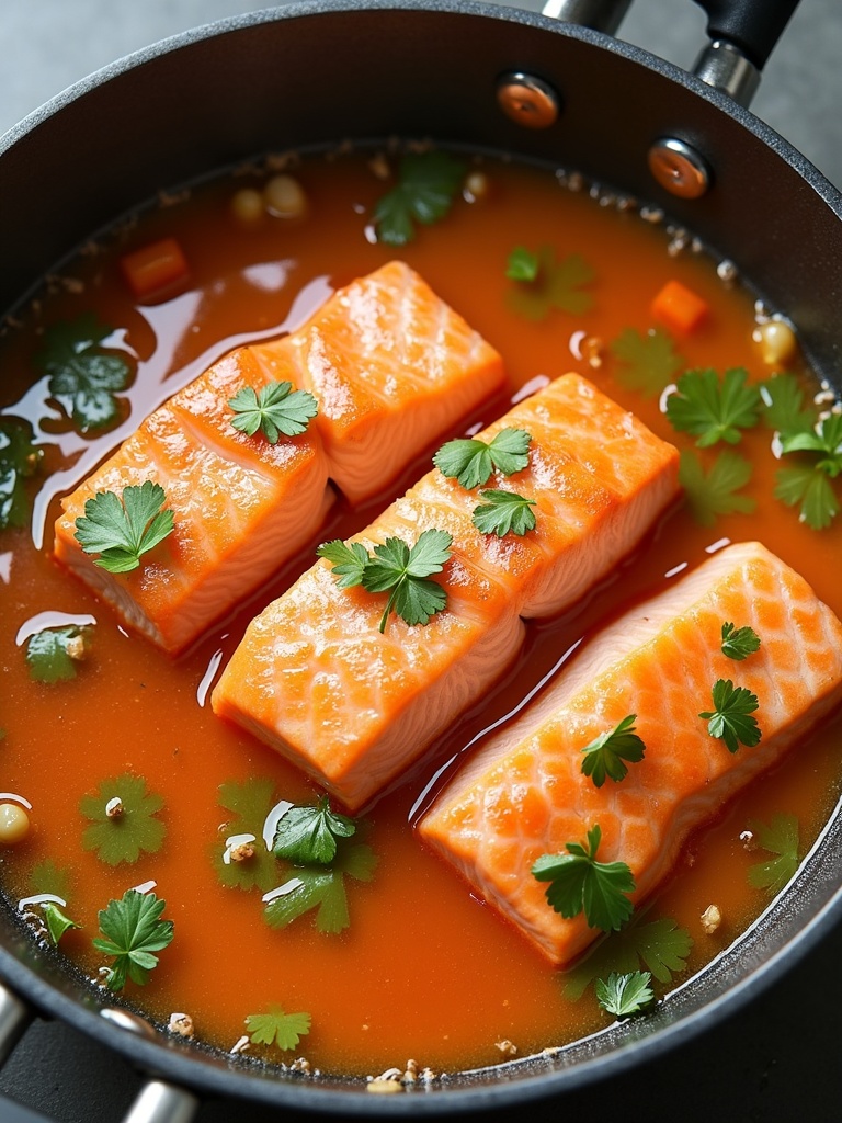 A step-by-step instructional image showing how to cook salmon sinigang, beginning with sautéing onions and tomatoes in a pot, adding salmon pieces, pouring in tamarind soup base and water, then adding vegetables like radish, eggplant, and water spinach, and simmering until fully cooked. The final panel displays the finished dish in a bowl, garnished with green chili.