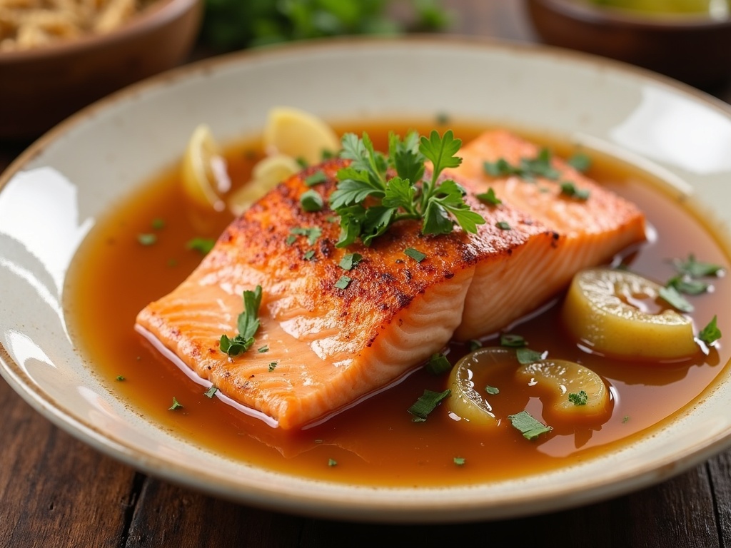 A bowl of salmon sinigang filled with tender salmon chunks, tomatoes, green beans, water spinach, eggplant, and radish in a clear, savory-sour tamarind broth, served hot with a side of steamed white rice on a wooden table.