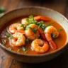 A bowl of hot shrimp sinigang, a Filipino sour soup dish, featuring plump shrimp, tomatoes, green beans, daikon radish, water spinach, and green chili peppers in a clear, steaming tamarind-based broth, served in a white bowl on a wooden table.