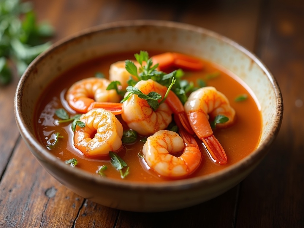 A bowl of hot shrimp sinigang, a Filipino sour soup dish, featuring plump shrimp, tomatoes, green beans, daikon radish, water spinach, and green chili peppers in a clear, steaming tamarind-based broth, served in a white bowl on a wooden table.