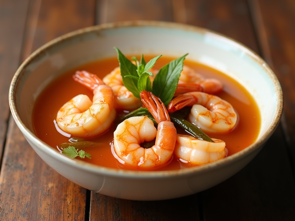 A bowl of shrimp sinigang with plump shrimp, sliced radish, eggplant, tomatoes, green beans, and kangkong leaves in a clear, tangy broth, served hot on a wooden table with a side of white rice.