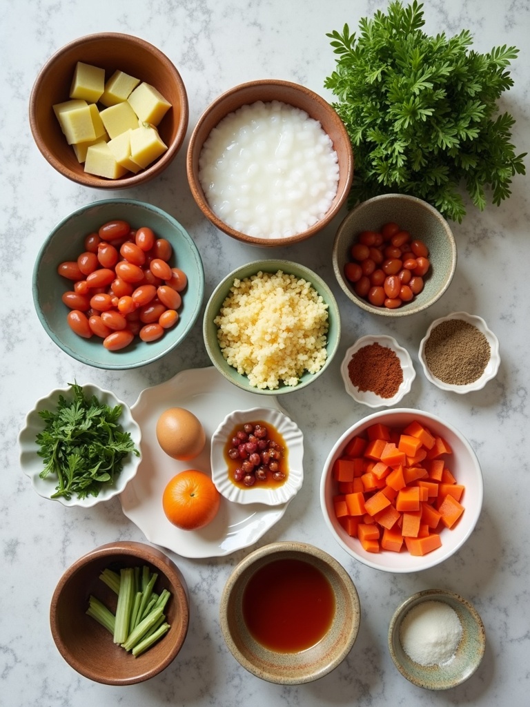A display of sinigang ingredients including pork belly slices, chopped tomatoes, daikon radish, long green beans, water spinach (kangkong), eggplant slices, taro chunks, green chili peppers, and a small bowl of tamarind paste, all arranged on a wooden surface.