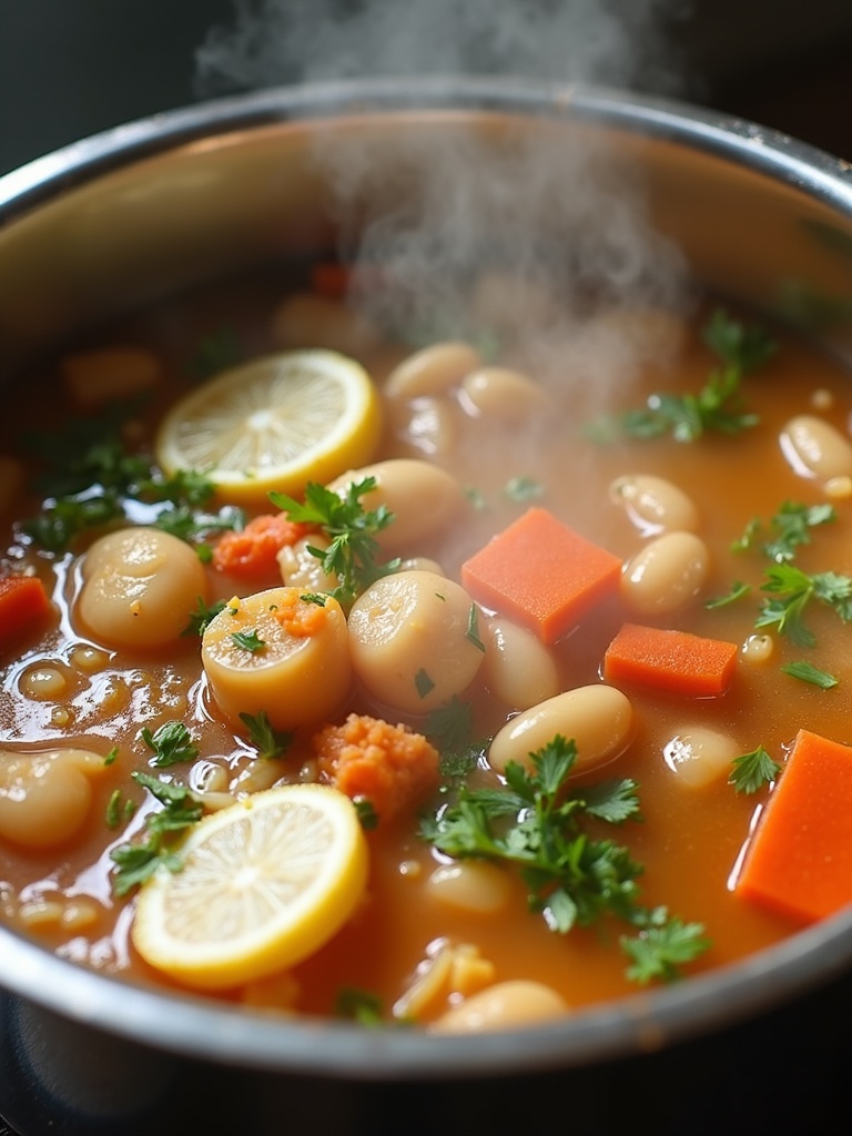 Step-by-step visual instructions for cooking sinigang: chopping vegetables including tomatoes, onions, and radish; boiling pork ribs in a pot; adding vegetables and tamarind soup mix; simmering all ingredients together; a final image of a steaming bowl of sinigang with meat and vegetables served in broth.
