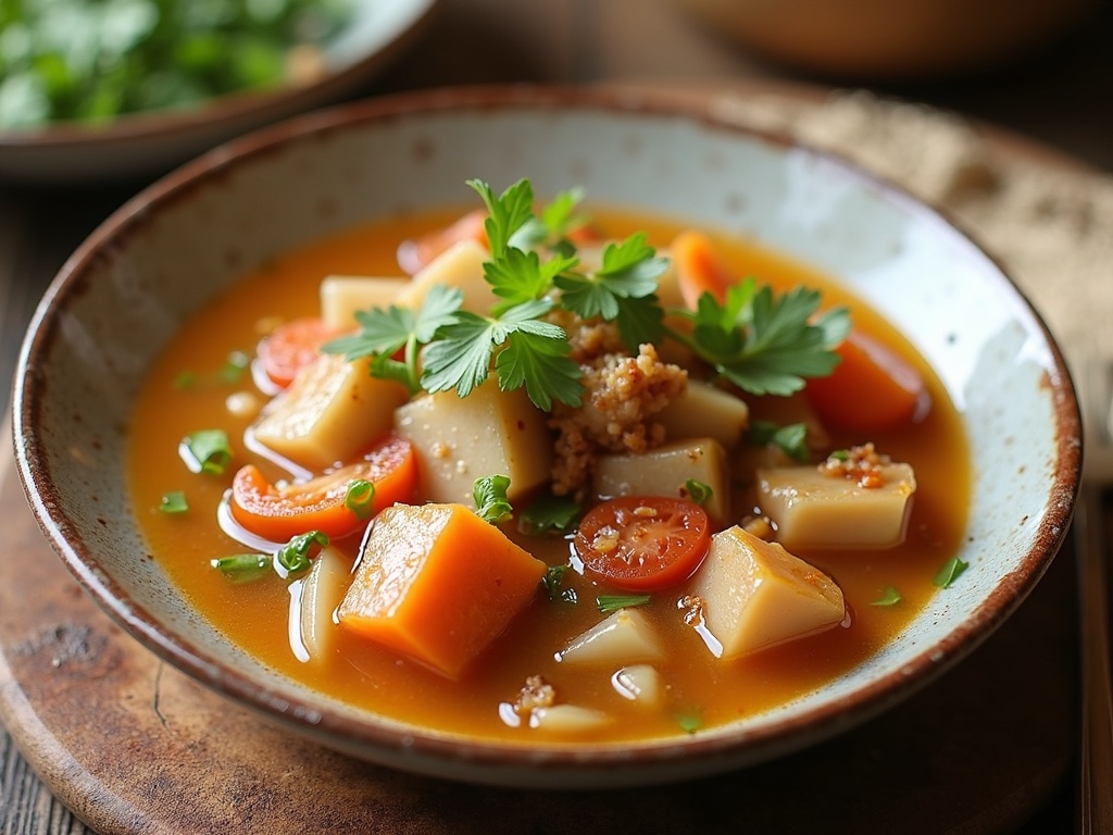 A bowl of sinigang, a traditional Filipino sour soup, filled with pork pieces, radish slices, green beans, eggplant, tomatoes, and water spinach, served in a clear tamarind-based broth, with steam rising to indicate it is hot and freshly cooked.