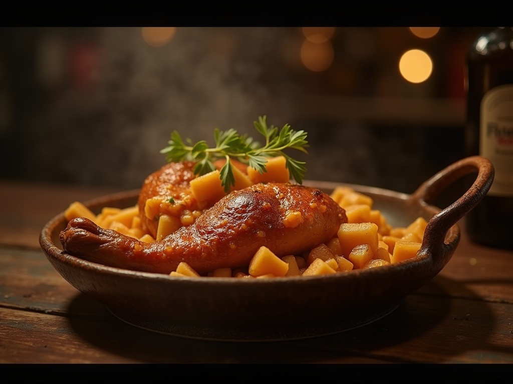 A hearty spread of rustic tavern food on a wooden table, featuring roasted turkey legs, crusty bread, cheese wedges, sausages, a bowl of stew, and mugs of frothy ale, surrounded by dim candlelight and a cozy, medieval-style atmosphere.