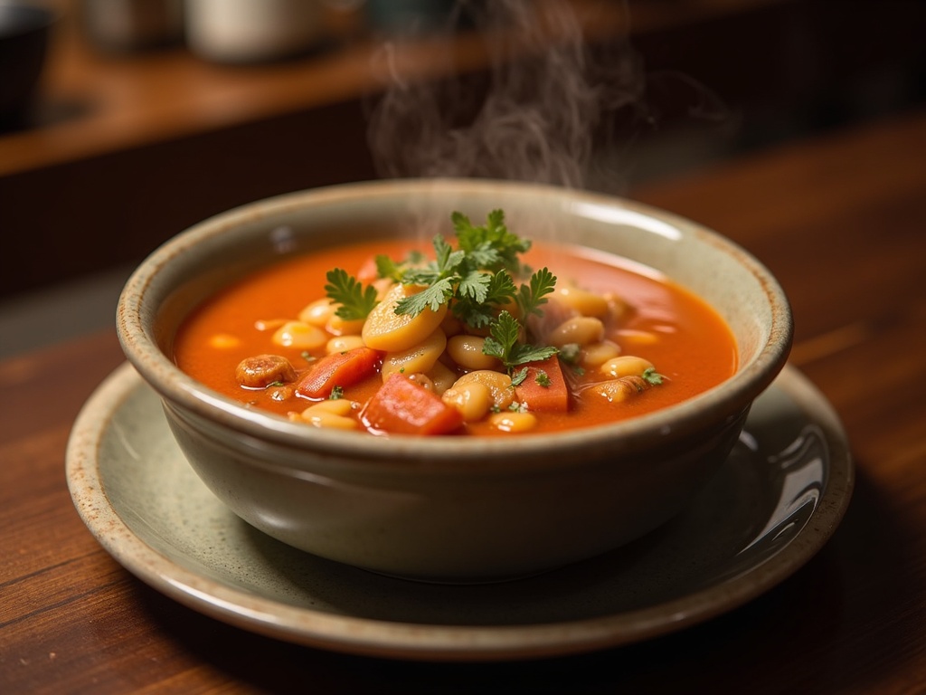 Rustic bowl of hearty tavern soup filled with chunky vegetables, tender meat, and fresh herbs, served on a wooden table with a slice of crusty bread and a pewter mug in the background.