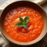A bowl of chilled tomato gazpacho garnished with diced cucumbers, red peppers, and a drizzle of olive oil, served with slices of crusty bread on the side.