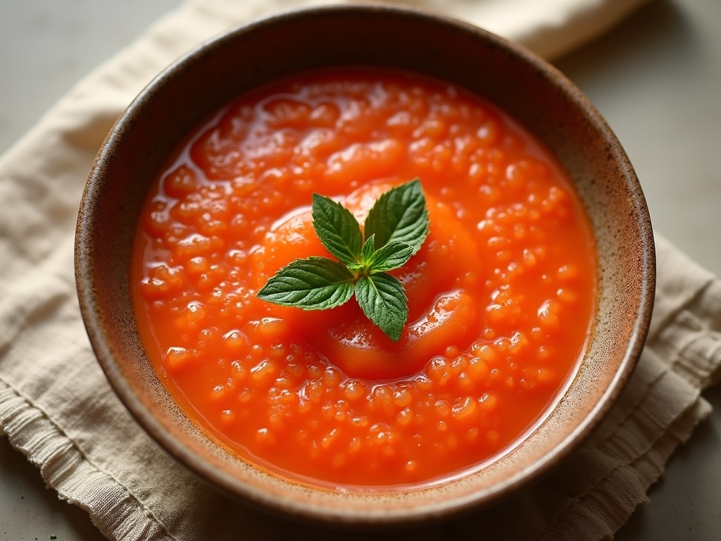 A bowl of chilled tomato gazpacho garnished with diced cucumbers, red peppers, and a drizzle of olive oil, served with slices of crusty bread on the side.