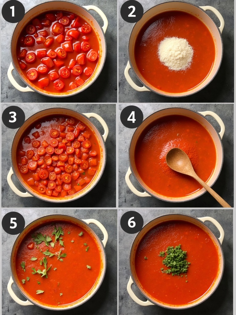 A step-by-step instructional image for making tomato gazpacho, featuring fresh ingredients like tomatoes, cucumbers, red bell peppers, onions, and garlic. The image shows washing and chopping vegetables, blending them together, seasoning with olive oil, vinegar, salt, and pepper, and chilling the soup in the refrigerator. Final step includes serving the cold gazpacho garnished with chopped vegetables and herbs in a bowl.