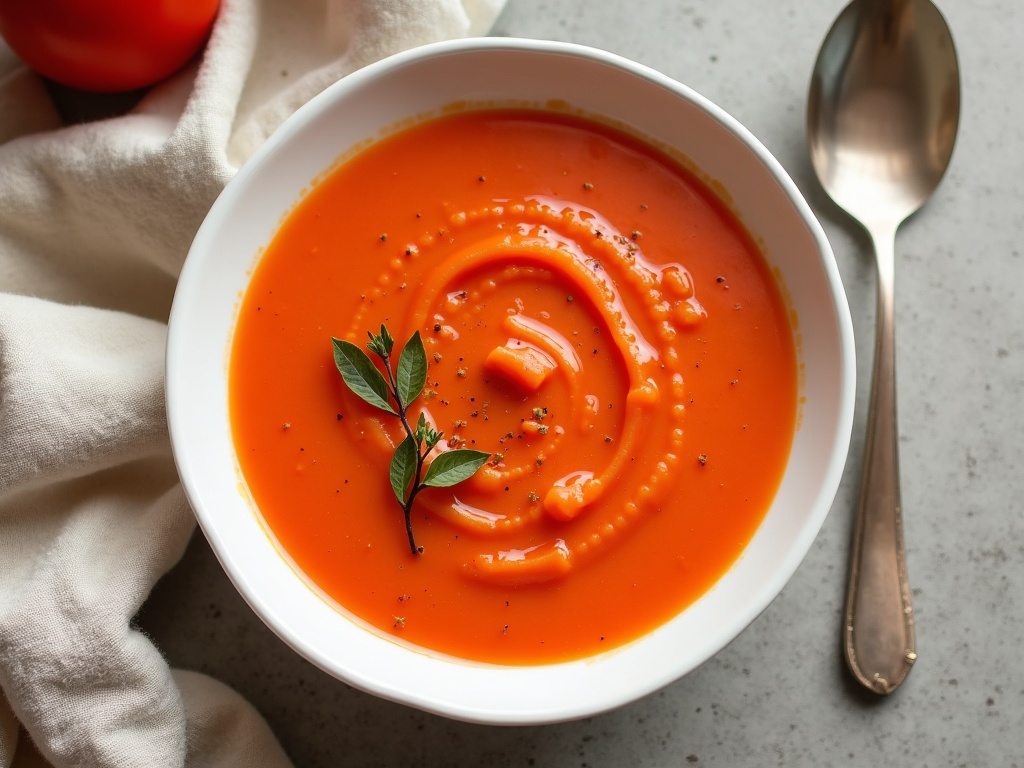 A bowl of chilled tomato gazpacho garnished with diced cucumbers, red onions, and fresh basil leaves, served with a slice of crusty bread on the side on a wooden table.
