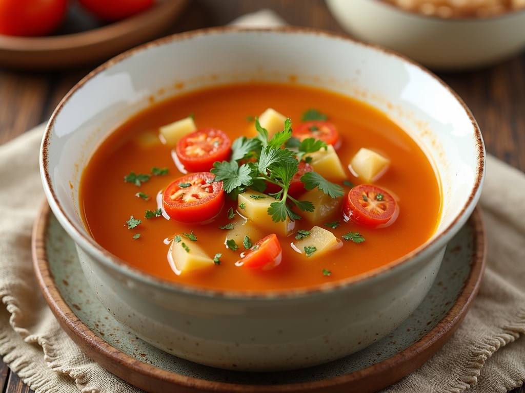 Bowl of steaming vegetable soup filled with colorful ingredients like carrots, potatoes, green beans, corn, and peas, garnished with fresh parsley and served on a rustic wooden table with a spoon nearby.