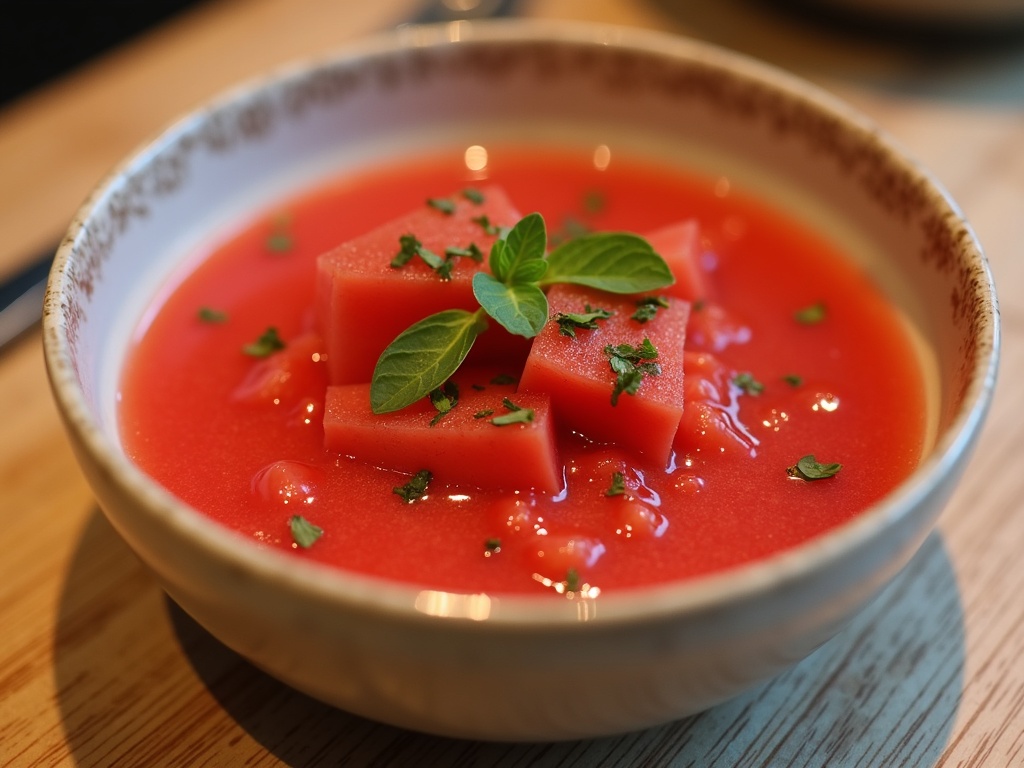 A bowl of chilled watermelon gazpacho garnished with diced cucumbers, fresh herbs, and a drizzle of olive oil, served on a rustic wooden table with slices of watermelon in the background