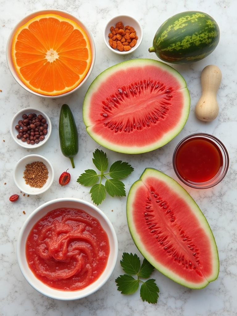 Ingredients for watermelon gazpacho arranged on a table: cubed watermelon, chopped cucumber, diced red bell pepper, chopped red onion, fresh basil leaves, fresh mint, halved cherry tomatoes, lime, a bottle of olive oil, and a small bowl of salt and pepper.