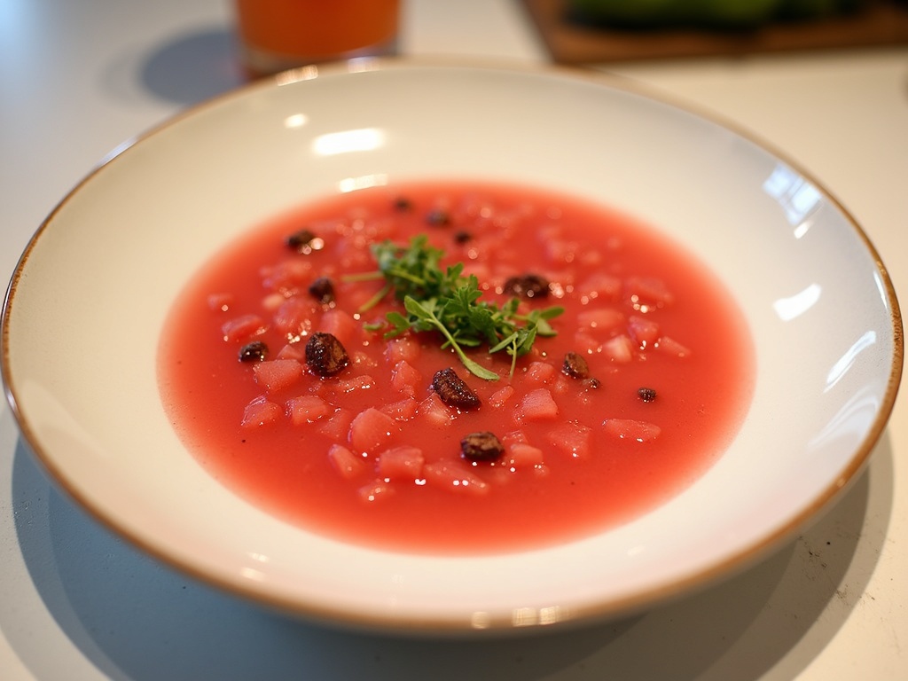 A bowl of vibrant red watermelon gazpacho garnished with finely chopped cucumber, red onion, and a sprig of fresh mint, served chilled with a slice of crusty bread on the side.