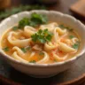 Bowl of clear wonton soup broth with floating dumplings, garnished with chopped green onions and cilantro, served in a white ceramic bowl on a wooden table.