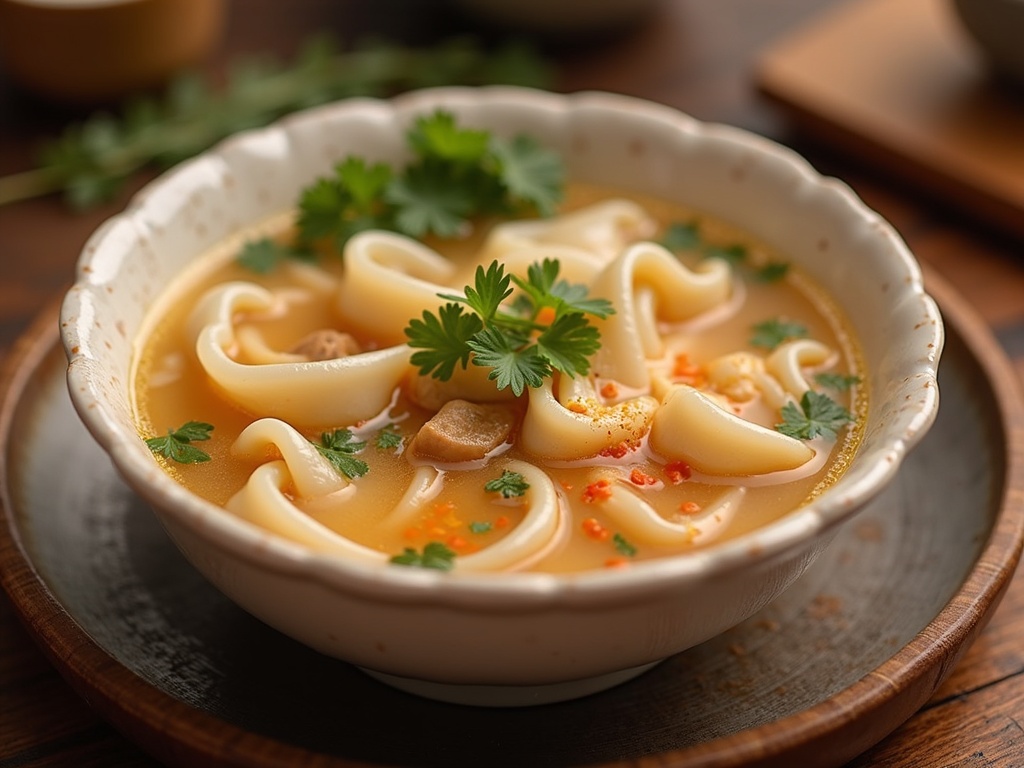 Bowl of clear wonton soup broth with floating dumplings, garnished with chopped green onions and cilantro, served in a white ceramic bowl on a wooden table.