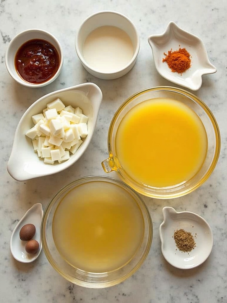 A bowl of wonton soup with clear golden broth surrounded by raw ingredients including garlic cloves, ginger slices, scallions, soy sauce, and a small bowl of chicken stock, with wontons and bok choy floating in the soup