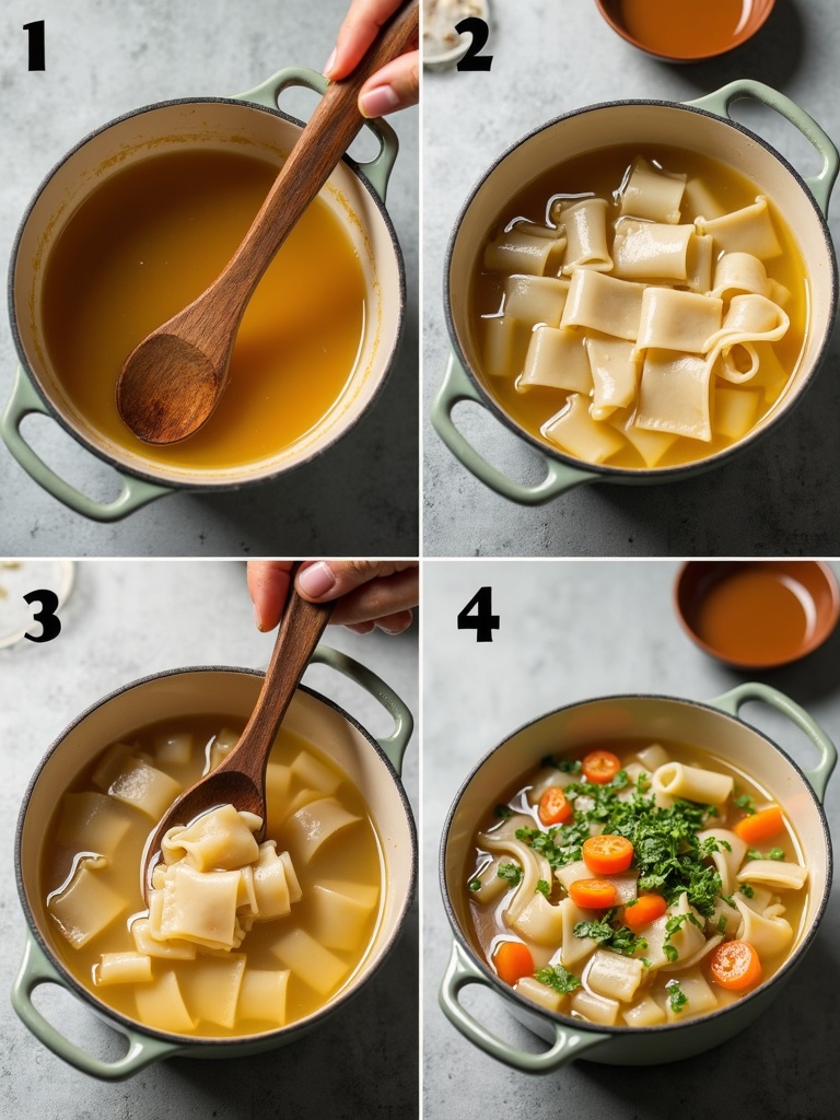 Instruction image for making wonton soup broth showing labeled steps: ingredients including chicken broth, ginger, garlic, soy sauce, and green onions; illustrations of boiling broth with added aromatics; simmering for 10–15 minutes; straining broth before adding wontons; and final serving suggestion with garnished soup bowl.