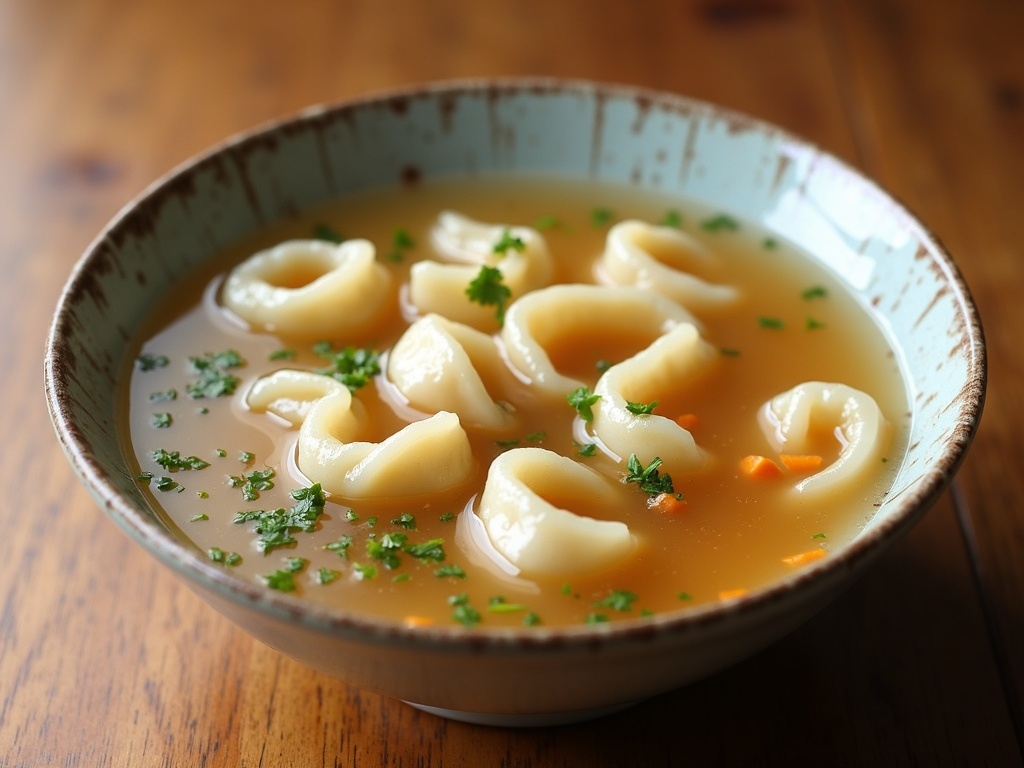 Bowl of wonton soup filled with delicate pork-filled wontons, floating in a clear, golden broth, garnished with chopped green onions and fresh cilantro, with a porcelain spoon resting inside the bowl on a wooden table.