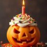 A festive Halloween-themed birthday party setup featuring a table decorated with orange and black balloons, jack-o'-lanterns, spooky cupcakes, and a birthday cake topped with a ghost figure and candles, surrounded by children in costumes smiling and celebrating.