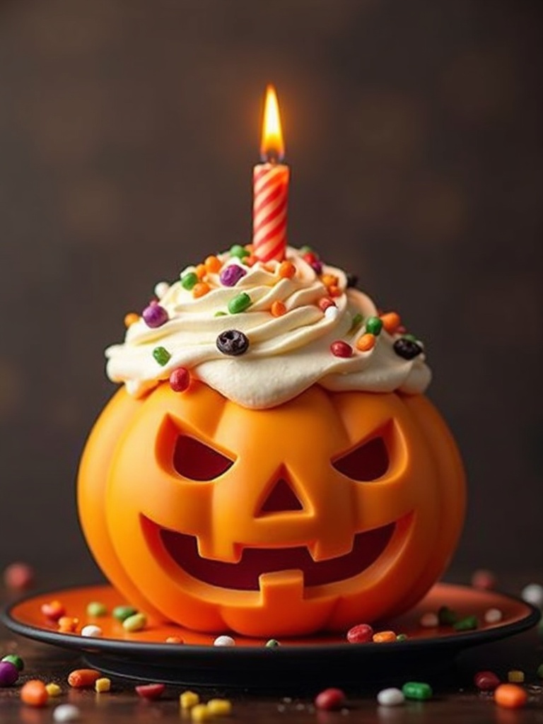 A festive Halloween-themed birthday party setup featuring a table decorated with orange and black balloons, jack-o'-lanterns, spooky cupcakes, and a birthday cake topped with a ghost figure and candles, surrounded by children in costumes smiling and celebrating.