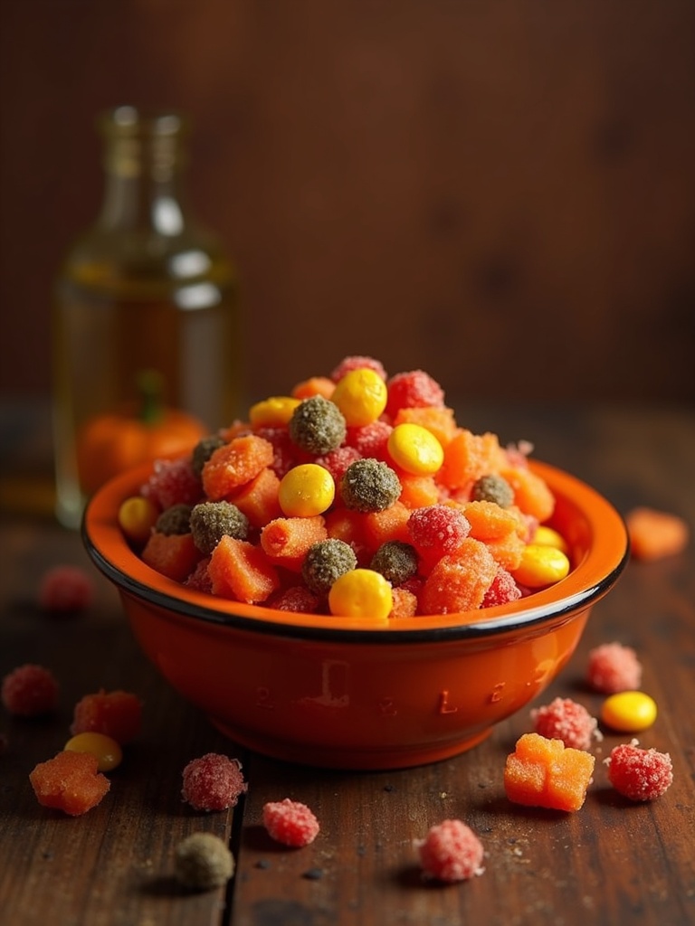 A variety of Halloween candy spread out on a table, including chocolate bars, lollipops, candy corn, and gummy treats, surrounded by festive decorations like plastic pumpkins, spider webs, and autumn leaves.
