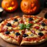 A Halloween-themed pizza decorated with spooky toppings including olive spiders, mozzarella ghosts, and pepperoni jack-o'-lantern faces on a golden crust, served on a festive table with pumpkins and cobwebs in the background.