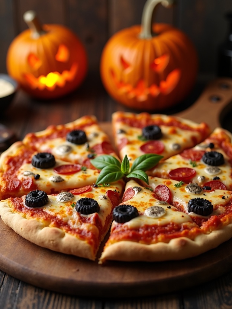 A Halloween-themed pizza decorated with spooky toppings including olive spiders, mozzarella ghosts, and pepperoni jack-o'-lantern faces on a golden crust, served on a festive table with pumpkins and cobwebs in the background.